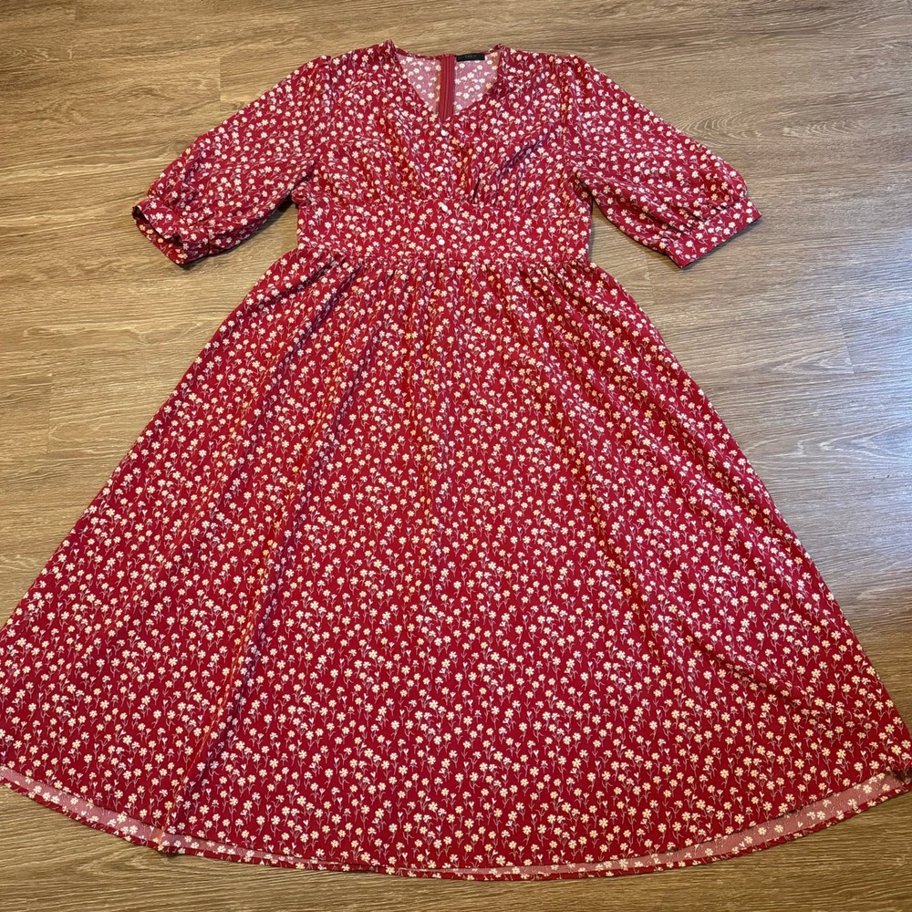 Shein Floral Midi Dress Womens 2XL Red Puff Sleeve V Neck Casual - Picture 3 of 13